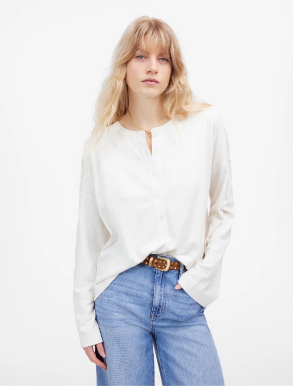 Madewell Relaxed Henley Long-Sleeve Tee in White – Size Small (NU850)